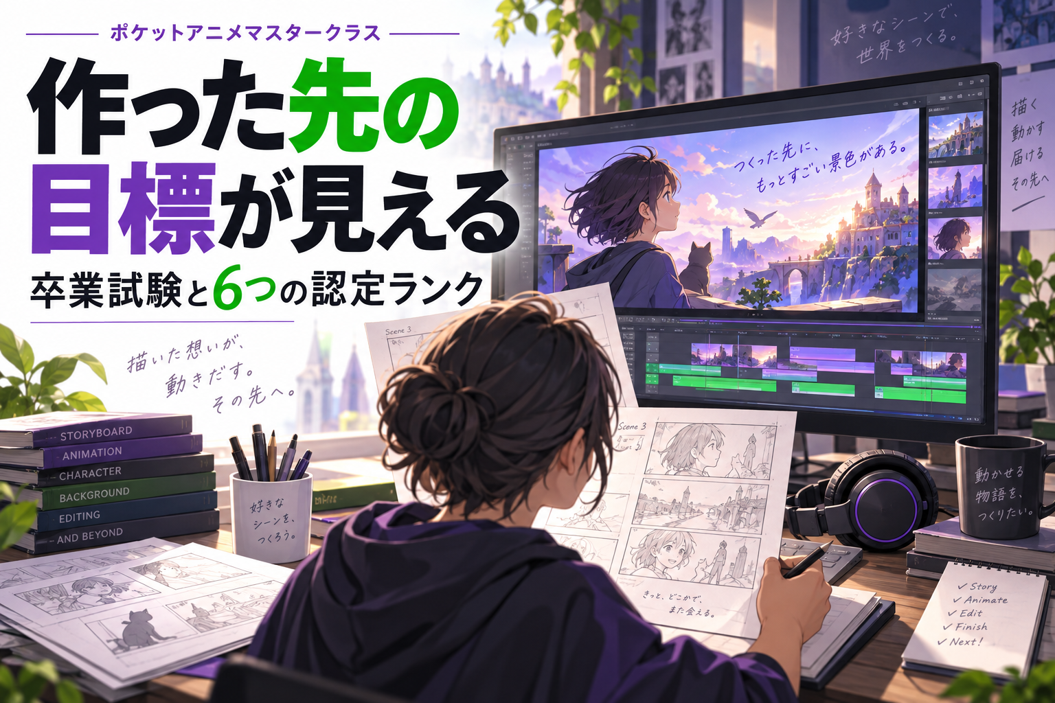 絵コンテと映像編集に取り組むクリエイターのイメージ。卒業試験と6つの認定ランク