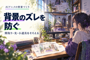 同じ部屋の背景と間取りを見比べる制作者と「背景のズレを防ぐ」の文字