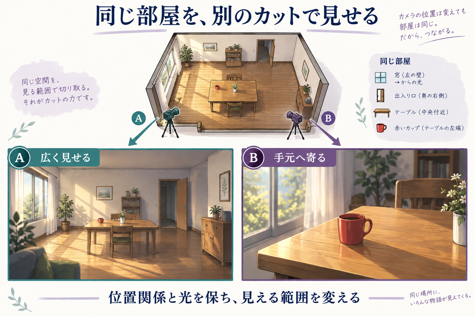 同じ部屋の窓、奥の扉、中央のテーブルを基準に、広いカットAとカップに寄るカットBを設計する