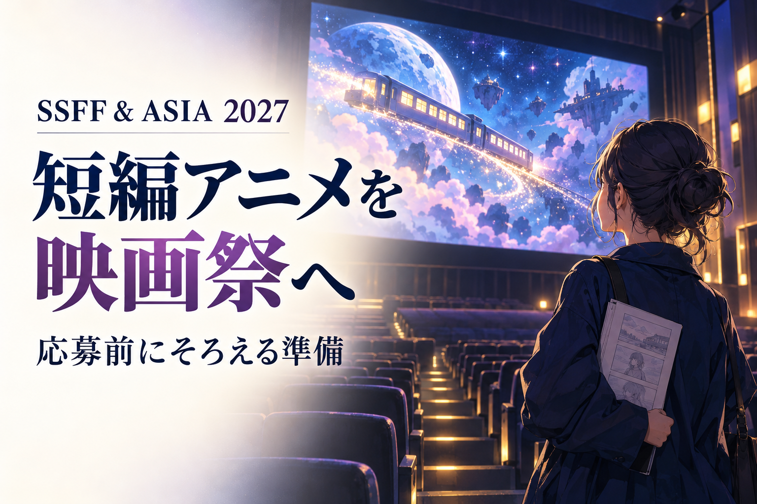 映画館のスクリーンを見上げる制作者と「短編アニメを映画祭へ」の文字