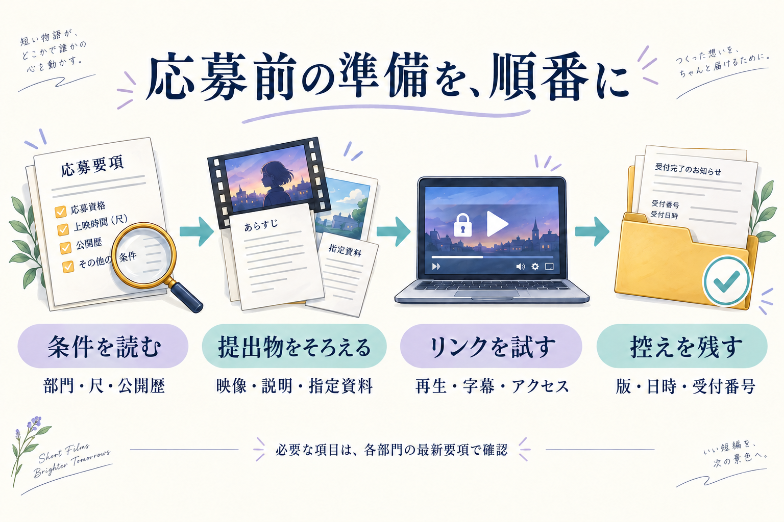 応募条件、提出物、リンクの再生、提出記録を順に確認する流れ