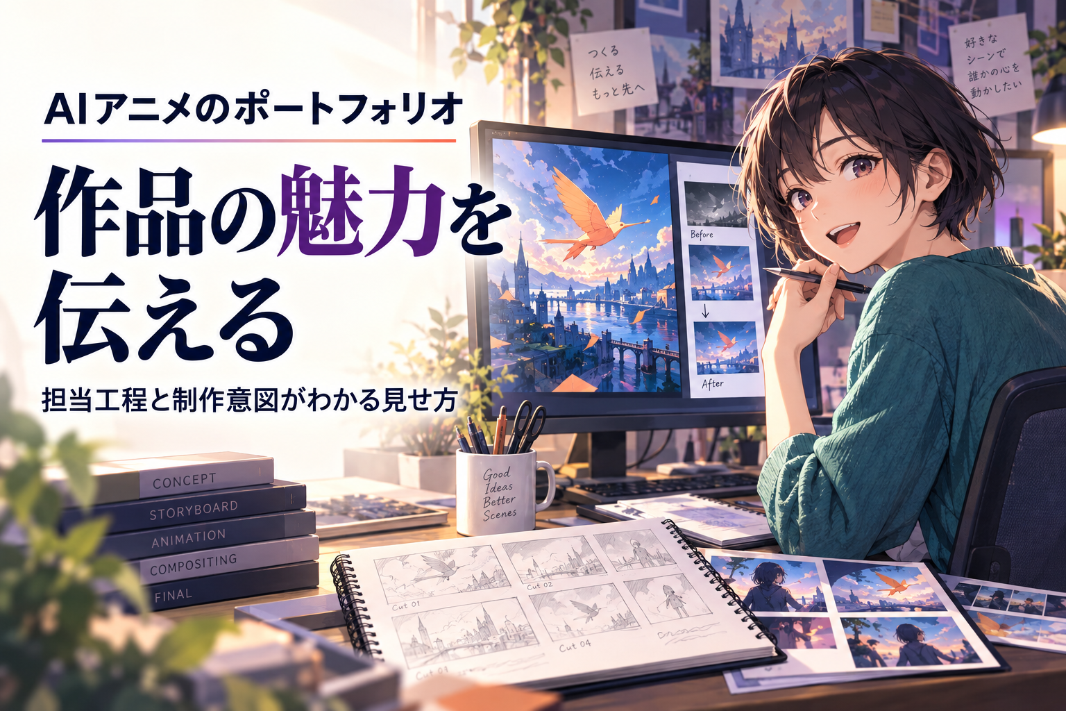 作品と制作過程をモニターで紹介する制作者と「作品の魅力を伝える」の文字